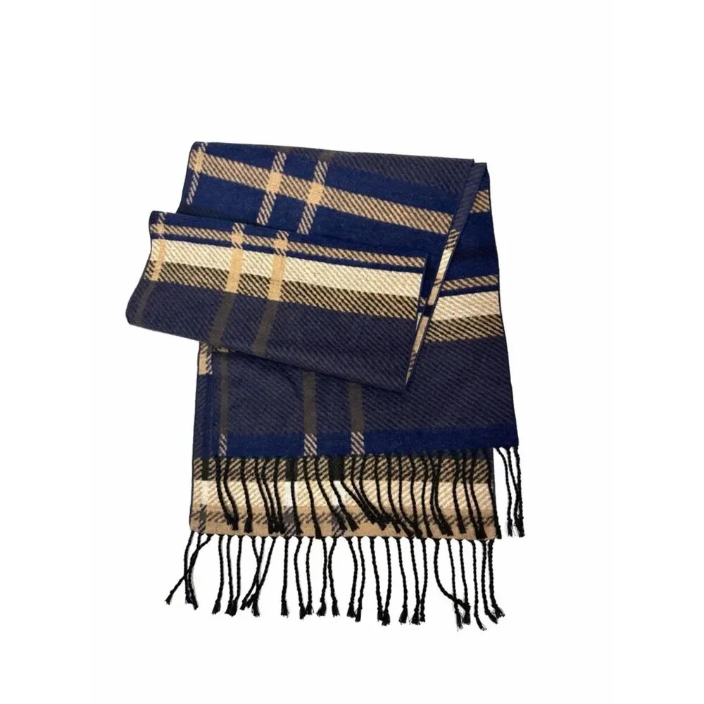 Club Room Silk Scarf Brushed Wool Feel Navy Tan Plaid Fringe Soft Warm 67x12